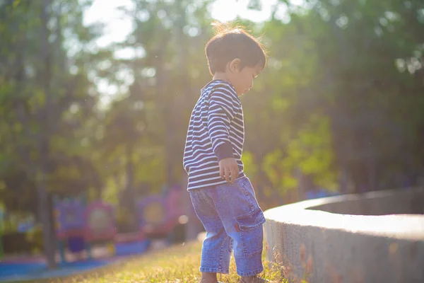 Liten Pojke Leker Grönt Gräs Parken Morgon Soluppgång Pojke Naturen — Stockfoto