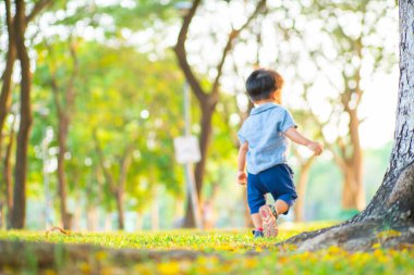 Yeşil çimlerde oynayan sevimli Asyalı çocuk. Şehir parkında gün batımı. Doğa eğlencesi.