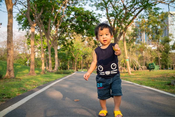 Şehir Parkında Yürüyen Sevimli Küçük Çocuk Gün Batımı Doğada Hafif — Stok fotoğraf