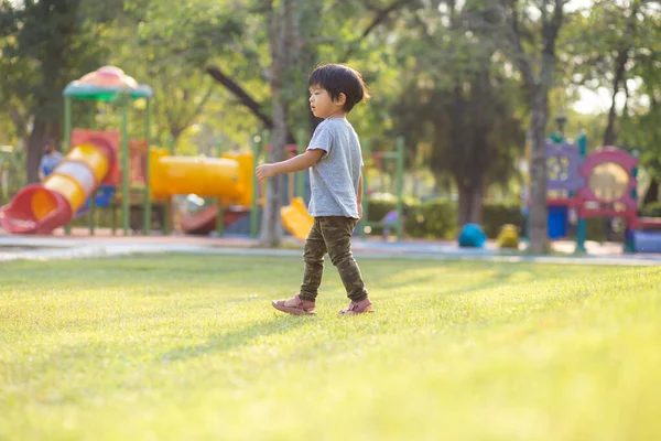 Malý Asijský Chlapec Hrát Venkovní Dítě Baví Procházky Zelené Trávě — Stock fotografie
