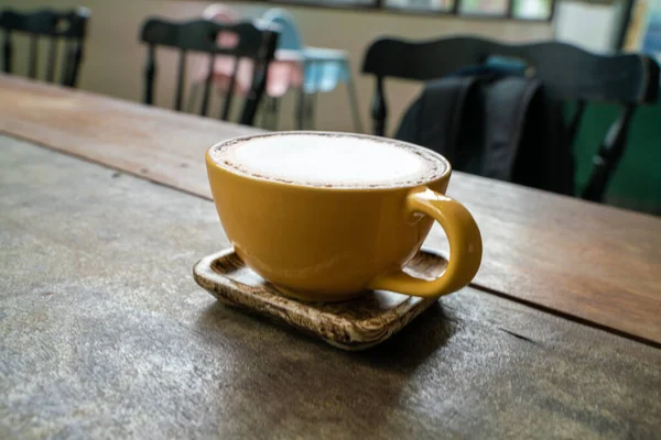 Hot Latte Art Coffee Cup Wood Table Aroma Drink — Stok Foto