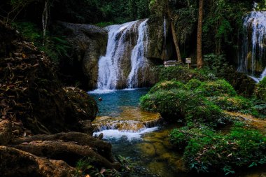 Ormanın derinliklerindeki cennet şelalesi turkuaz su Phayao Tayland