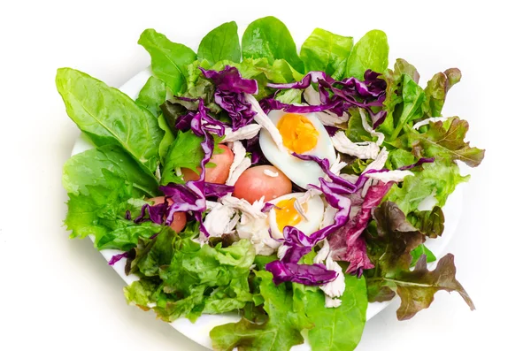 Fresh salad with boiled egg in a white plate — Stock Photo, Image