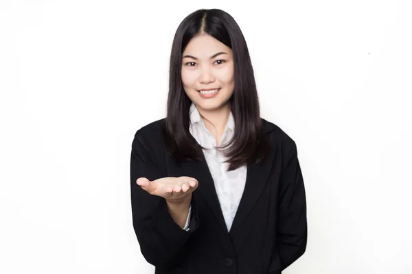 Asiatiska affärskvinna med öppen hand för hålla något — Stockfoto
