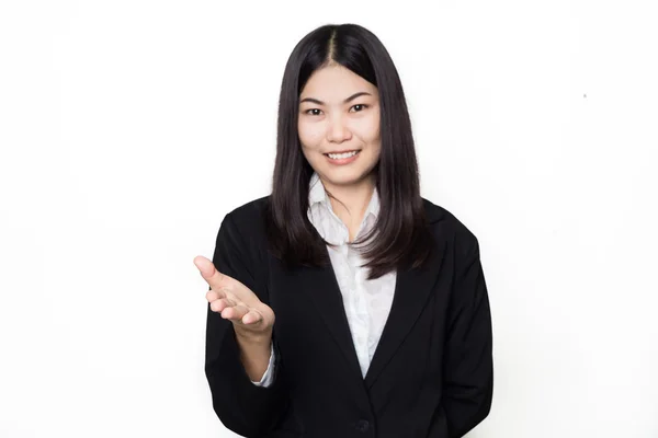 Mujer asiática de negocios con la mano abierta para sostener algo —  Fotos de Stock
