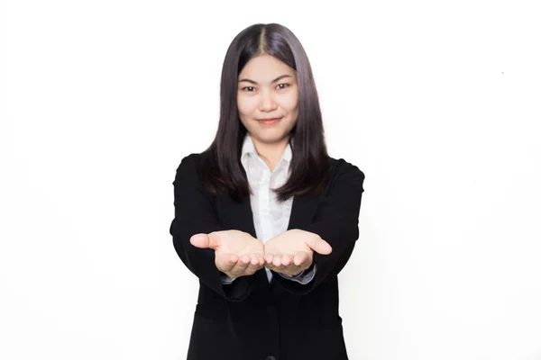 Asiatiska affärskvinna med öppen hand för hålla något — Stockfoto