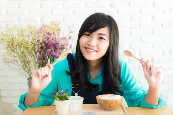 Happy Asian girl with ice cream look joyful and cheerful. — Stock Photo, Image