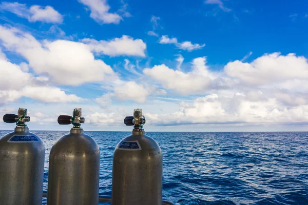 Oxigen tanks on boat for scuba diving — Stock Photo, Image