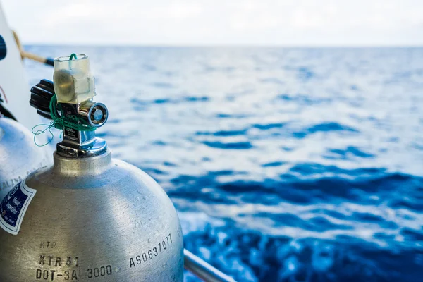 Oxigen tanks on boat for scuba diving — Stock Photo, Image