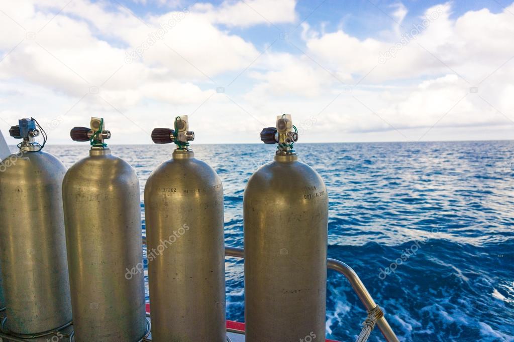 Oxigen tanks on boat for scuba diving