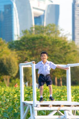 Asyalı okul çocuğu, şehir parkında rahatla, gün batımı, gün batımı, şehir çocuğu.