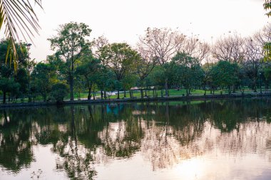Yeşil ağaç şehrindeki nehir halk parkı günbatımı gökyüzü manzarası