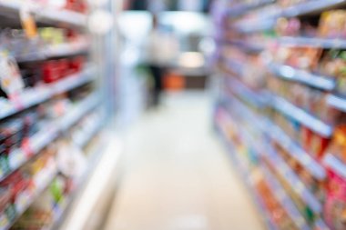 Soyut bulanık renkli süpermarket raf yürüyüşü arka planı