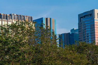 Yeşil şehir parkı modern ofis halka açık park günbatımı gökyüzü Bangkok thailand bulutu