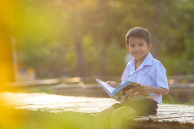 Küçük okul çocuğu şehir parkında çimenler hakkında kitap okudu. Gün batımı hafif doğa eğitimi.