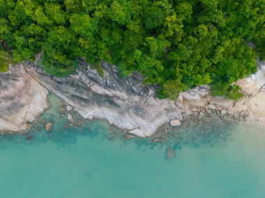 Hava manzaralı beyaz kumsal sahili hindistan cevizi palmiyesi tropik orman yaz tatili arka planı