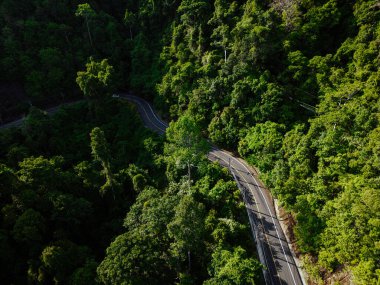 Hava manzaralı asfalt yol tropikal yağmur ormanları dağ manzarası yeryüzü taşımacılığı arka planı