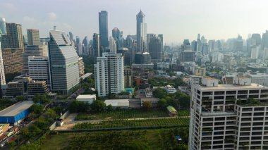 Lumpini yeşil ağaçlı modern şehir binası halka açık park havadan Bangkok Tayland manzaralı