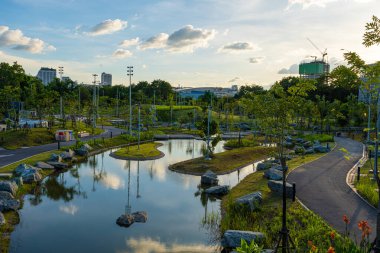 Nehir kenti parkıyla yeşil manzara doğa parkı mavi gökyüzü bulutlu doğa manzarası