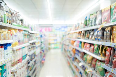 Modern yiyecek ve içecek süpermarketinin bulanık arka planı