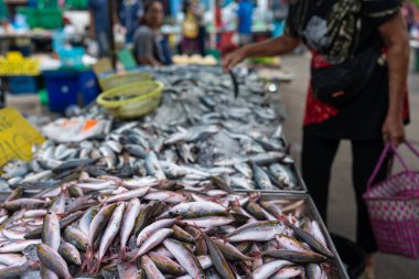 İnsanlar geleneksel Asya pazarında taze deniz ürünleri satıyorlar Tayland 'da