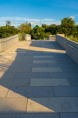 Yeşil şehir parkında yürüyüş yolu Gün batımı gökyüzü doğa manzarasını gölgeliyor