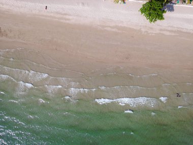 Beyaz kumlu sahil dalgası. Tropikal orman deniz adası yaz tatiliyle