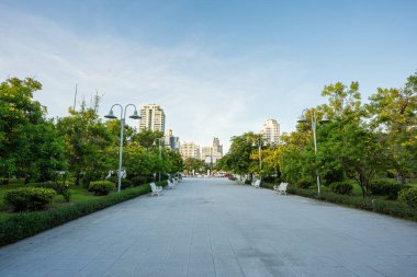 Yeşil Ağaç Şehri 'ndeki yol şehir yolu inşaatı ile halka açık park günbatımı ışığı