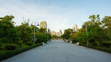 Yeşil Ağaç Şehri 'ndeki yol şehir yolu inşaatı ile halka açık park günbatımı ışığı