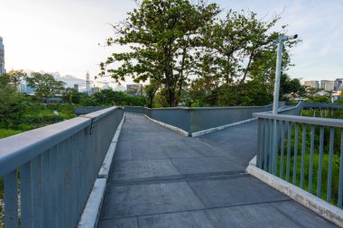 Yeşil şehir bataklık parkı. Gün batımı mavi gökyüzü bulutu yolu ve güzel ağaçlar yolda yürüyor. Park yerinde yeşil çimen tarlasında rahatça yürüyor..