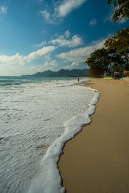 Egzotik beyaz kumlu sahil dalgası güneşli yaz tatili arka planı Samui Tayland