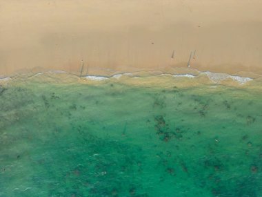 Hava manzaralı, beyaz kum plajı palmiye ağacı turkuvaz su yaz tatili Tayland manzarası.