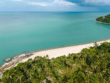 Hindistan cevizi palmiyeli, beyaz kumlu turkuaz su ve tropik ada tabiatı Sichon Nakornsrithammarat Tayland