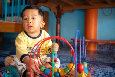 Küçük Asyalı 1-2 yaşındaki çocuk evde eğitim objesinde renkli ahşap oyuncaklar oynuyor.