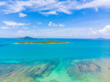 Aerial view sea wave beach with white sand summer vacation background