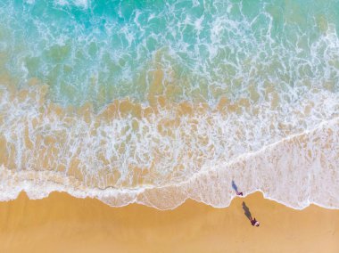 Aerial view sea wave beach with white sand summer vacation background