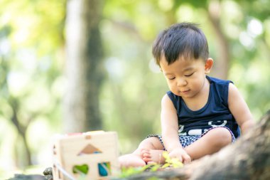 Küçük Asyalı 2 yaşındaki çocuk doğa parkında yeşil çimlerde oynuyor.