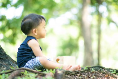 Küçük Asyalı 2 yaşındaki çocuk doğa parkında yeşil çimlerde oynuyor.