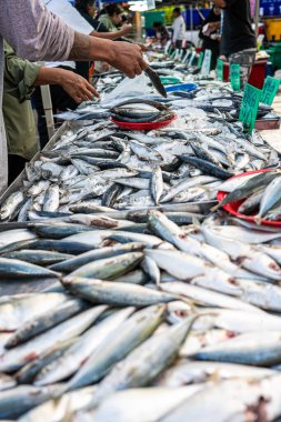 İnsanlar deniz ürünleri geleneksel balıkçılık pazarı gıda endüstrisini elde tutuyorlar.