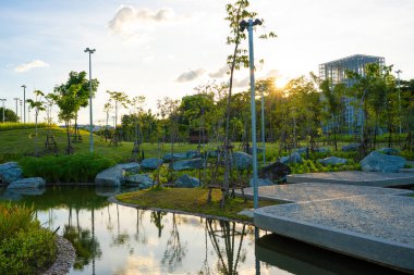 Nehir kenti parkıyla yeşil manzara doğa parkı mavi gökyüzü bulutlu doğa manzarası