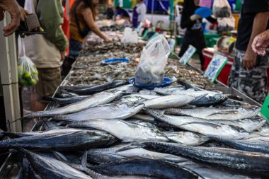 İnsanlar deniz ürünleri geleneksel balıkçılık pazarı gıda endüstrisini elde tutuyorlar.