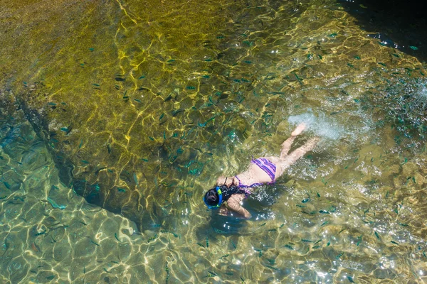 Mulher snorkeling em mar claro — Fotografia de Stock