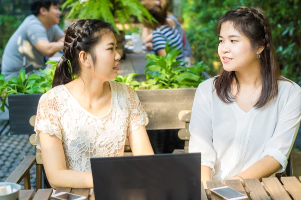 Dois Asiáticos Jovens Amigos Femininos Usam Internet Juntos Laptop Livre — Fotografia de Stock