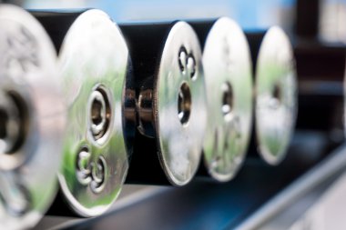 Spor salonunda bir sıra dambıl..