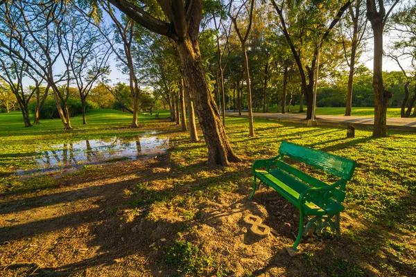 Zelené lavičky v krásném parku — Stock fotografie