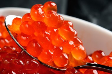 kaşık beyaz bir kase içinde somon havyar
