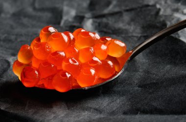 Koyu gri arka plan üzerinde metal bir kaşık kırmızı havyar