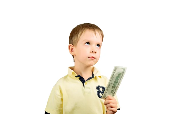 Menino olhando para cima, leva uma conta de 100 dólares americanos e acho que wha — Fotografia de Stock