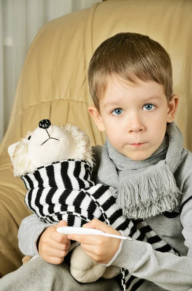 Little boy measures the temperature of the toy dog — Stock Photo, Image
