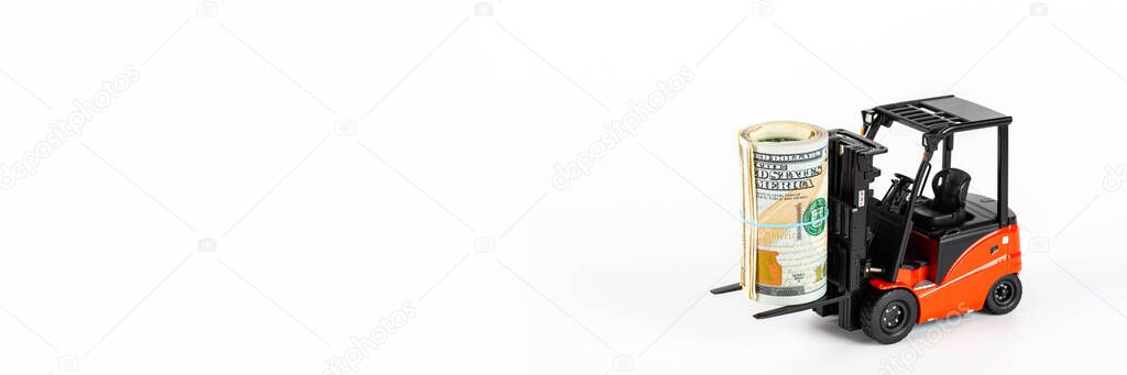 forklift with roll of dollars isolated on white background. Strongest financial assistance, support of business and people after coronavirus covid-19 pandemic. Mockup with copy space